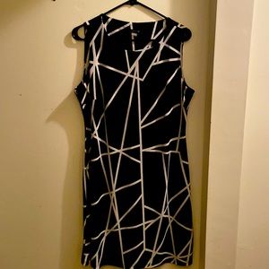 Navy Blue with white knee length sleeveless evening dress, worn once size 12